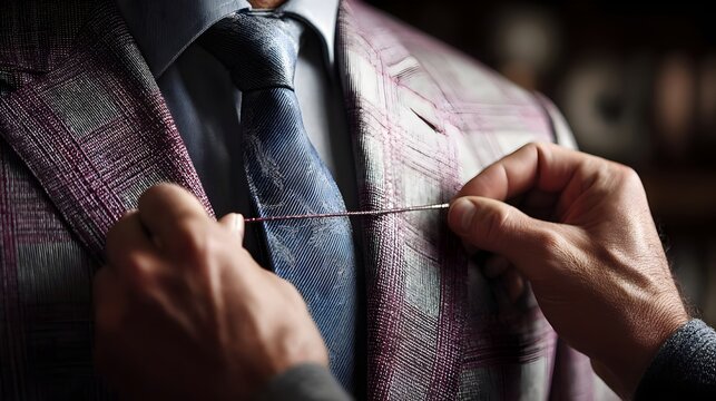 Tailor fitting a bespoke suit on a model, focusing on craftsmanship and precision. Concept: Custom tailoring, craftsmanship, fashion design, luxury clothing, precision, personal style.