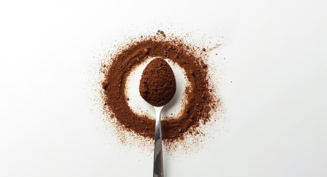 Fresh coffee grounds in shiny tablespoon with scattered powder on minimal white background