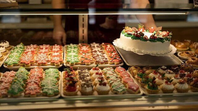 Medium shot of a bakery glass case highlighting holiday treats like decorated cookies and festive cakes counter area softly blurred to emphasize seasonal display.