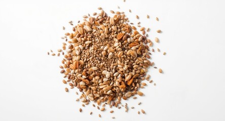 Birds eye view of a pile of various seeds including sunflower sesame linseed and pumpkin on white background