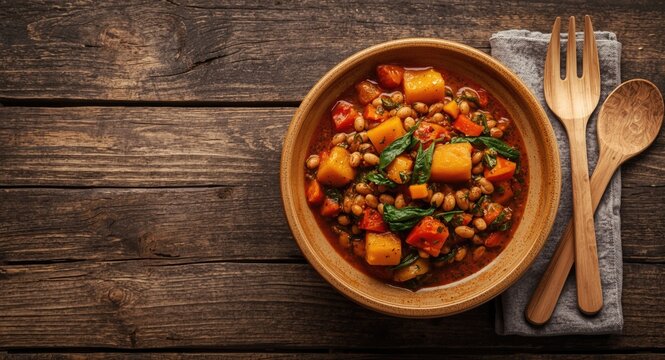 Birds eye composition of a flavorful vegan kidney bean stew with fresh vegetables presented on a wooden tabletop
