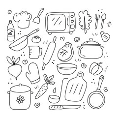 Cooking set in doodle style, vector, on white background