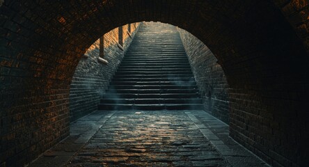 Fototapeta premium Brick arch tunnel with stone floor leading to stone staircase in dark medieval dungeon