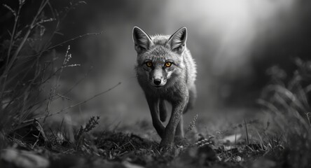 Naklejka premium Agile gray fox bounding energetically through a monochrome backdrop