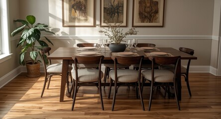 Obraz premium Cozy dining room setup including a long wooden table, chair set, framed artwork on the wall, and a healthy potted plant on warm hardwood floors