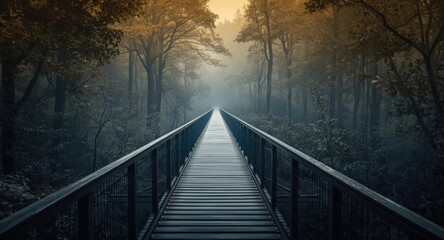 Fototapeta premium Dramatic long footbridge scene in forest with copy space area