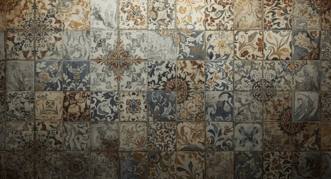 Floral damask vintage patchwork tiles on gray distressed concrete background for banners