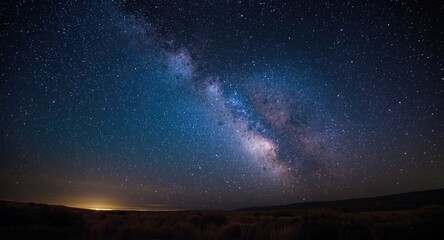 Fototapeta premium Dazzling celestial panorama with the Milky Way and stars over a quiet far away scenic area with low light impact