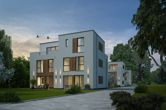 Moderne Doppelh&auml;user am Abend