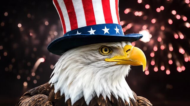Eagle wearing Uncle Sam hat with fireworks background