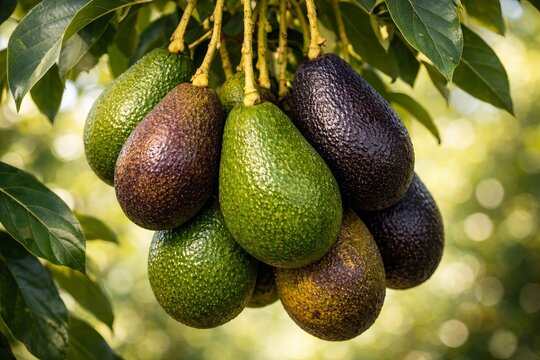 Avocado tree branch with ripe green fruits and farmer&rsquo;s hand selecting a mature Hass avocado cultivar cold chain, Michoac&aacute;n industry