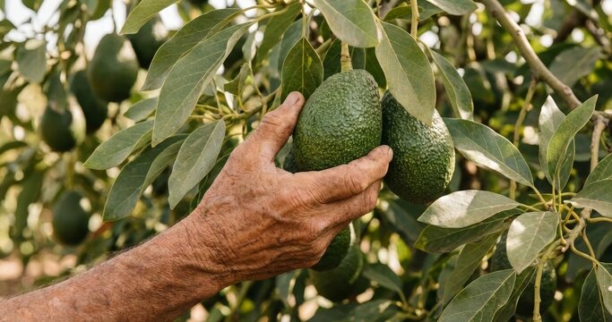 Avocado tree branch with ripe green fruits while farmer inspects two avocados on the tree, Michoac&aacute;n agriculture