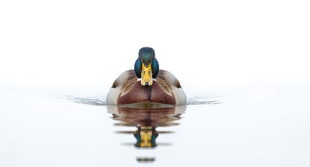 Close up of male mallard duck swimming on lake with bright white background