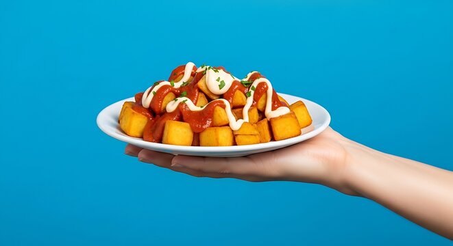Hand holding tapas potatoes patatas bravas