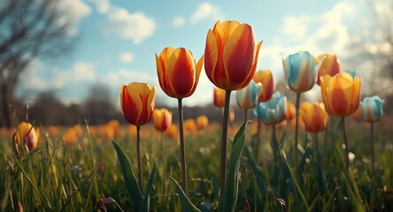 Fototapeta premium Full bloom tulips showcasing bright colors against a peaceful springtime backdrop