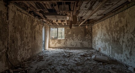 Obraz premium Decaying room interior with fallen ceiling parts and cracked wall surfaces