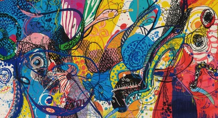 Abstract colorful hand drawn print with artistic collage style