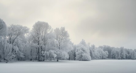 A pristine snow scene with frozen trees and an expansive overcast sky