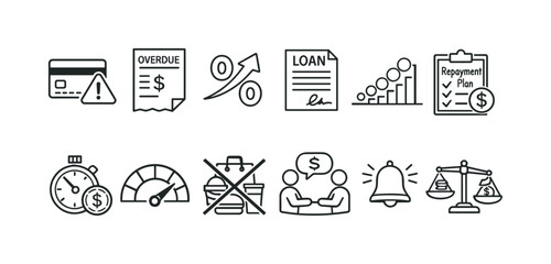 Fototapeta premium Financial icons collection: credit card, overdue bill, loan, graph, and more