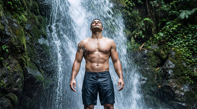 Muscular man standing under a refreshing waterfall. Fit male enjoying natural shower in tropical jungle. Health and wellness concept