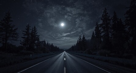 Bright moonlight illuminates the quiet paved road under night sky