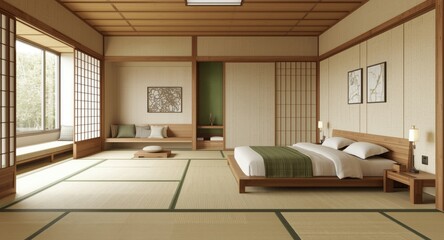 Obraz premium Japanese bedroom interior plan with tatami mats, double bed, green highlights, and seating