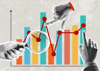 Data analytics concept. Halftone hand draws sales graph. Modern collage design. Pop art. Growth сhart. Successful business performance. Financial success. Business data graph. Achieving high results	