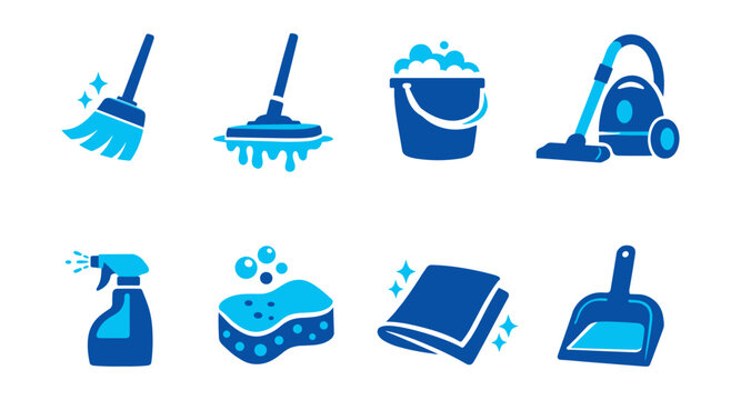 Cleaning tools blue icons set
