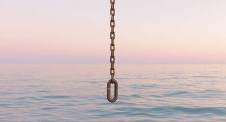 Antique chain suspended against a serene pastel ocean scene with copy space