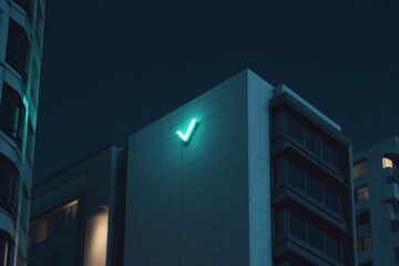 Exterior of a modern commercial office building at night with a checkmark icon