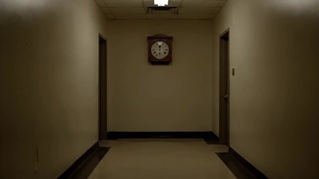 empty hospital corridor with clock on wall