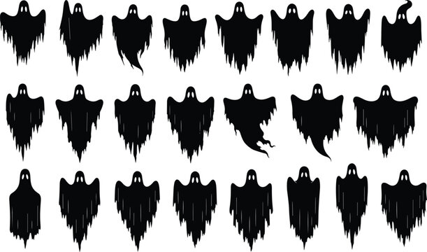 Black ghost silhouette illustrations, spooky Halloween vector artwork, scary spirit design collection, haunted cartoon motif, creepy character drawing set