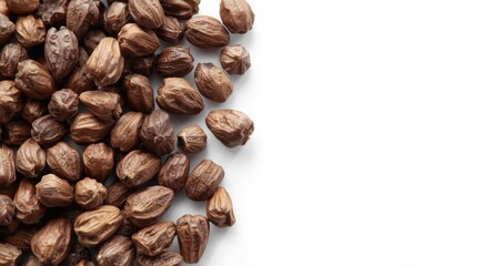 Fototapeta premium Grouped Sichuan pepper seeds varying in size showcased with texture focus on a pure white backdrop