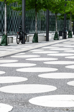 Urban pavement pattern on a Berlin Germany sidewalk showing street texture and design with repeating circles near trees in the city