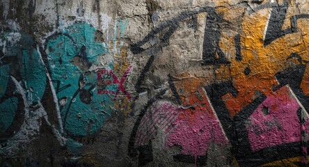 Copy space textured image showing a weathered wall decorated in metallic aerosol graffiti and street art visuals