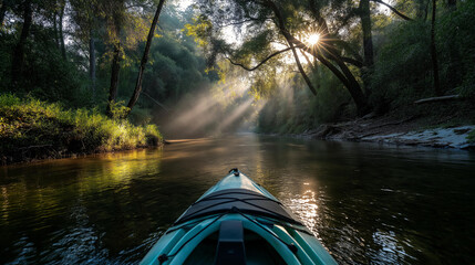 Fototapeta premium Serene nature on peaceful kayaking trip down river, sunbeams filtering through trees as paddles cut through calm water, journey offering relaxation and quiet outdoor enjoyment,