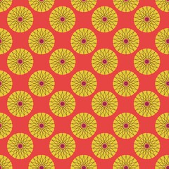 Seamless vector pattern featuring yellow stylized floral mandalas on a vibrant red background. Elegant geometric blossom design for textile, wallpaper, and creative digital backdrop. 