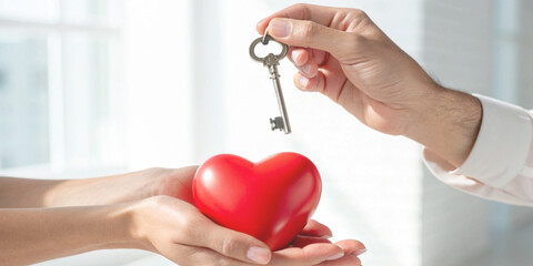 Love and trust concept with one hand holding a red heart and the other hand extending a key.