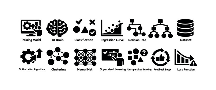 Collection of machine learning and AI icons representing data science concepts and algorithms