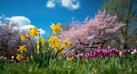 Obraz premium Bright spring landscape with blooming flowers and clear skies