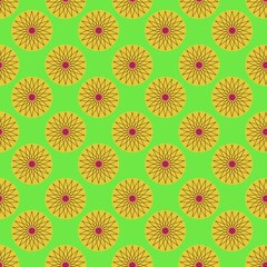 Seamless floral pattern with circular yellow mandala motifs on a vibrant green background. Elegant geometric blossom wallpaper for textile, packaging, and digital backdrop design.
