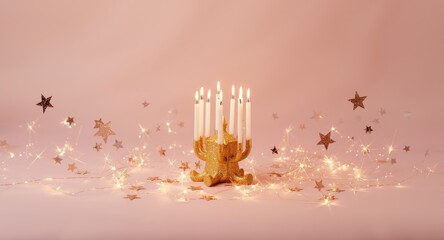 Festive gold figure fifteen candle surrounded by twinkling stars on a smooth pale pink background