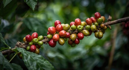 Fototapeta premium Branch with ripening Arabica Catimor coffee cherries set in lush plantation showing quality growth phases