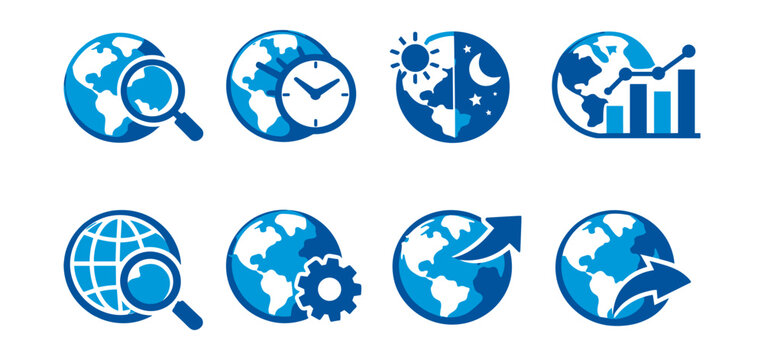 Global Activities Blue and White Globe Icons Set