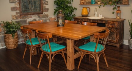 Obraz premium Cozy rustic dining area featuring wooden table and retro chairs with stylish home accessories