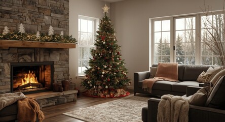 Fototapeta premium Holiday home interior accented by gas fireplace and Christmas tree decorations with copy space