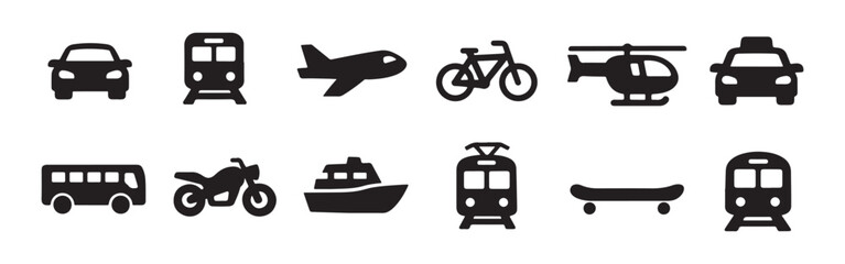 A versatile set of 12 minimalist black transportation icons featuring land, air, and sea vehicles, perfect for travel and navigation designs. © drawing lines