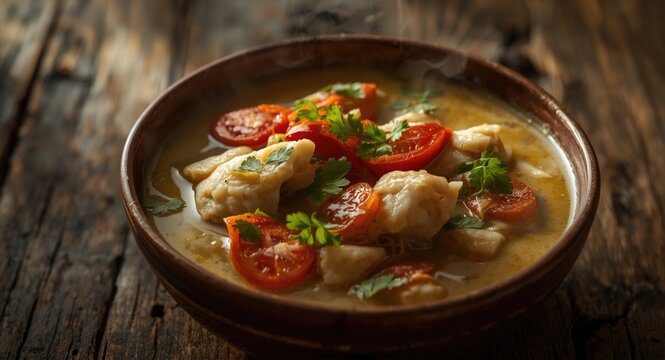 Creamy coconut milk fish stew combined with red peppers tomatoes and fresh coriander on table
