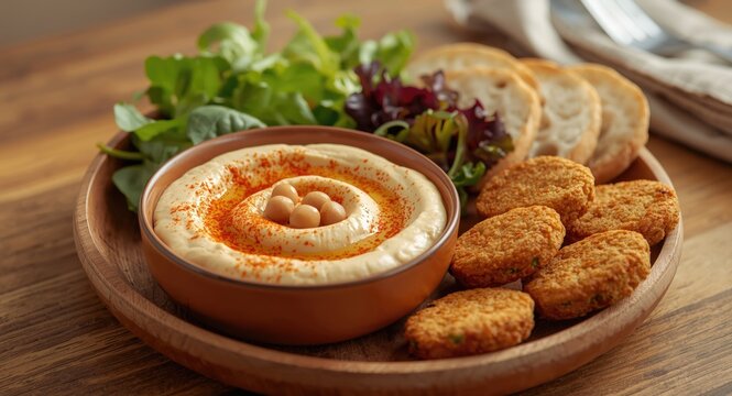 Hummus served alongside raw greens, kuboos bread, and crispy falafel for nourishing meal
