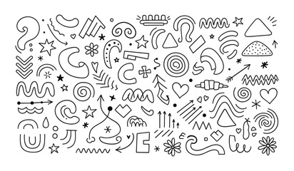 Hand Drawn Doodle Collection Of Hearts Stars Swirls Arrows Flowers And Abstract Shapes In Black And White